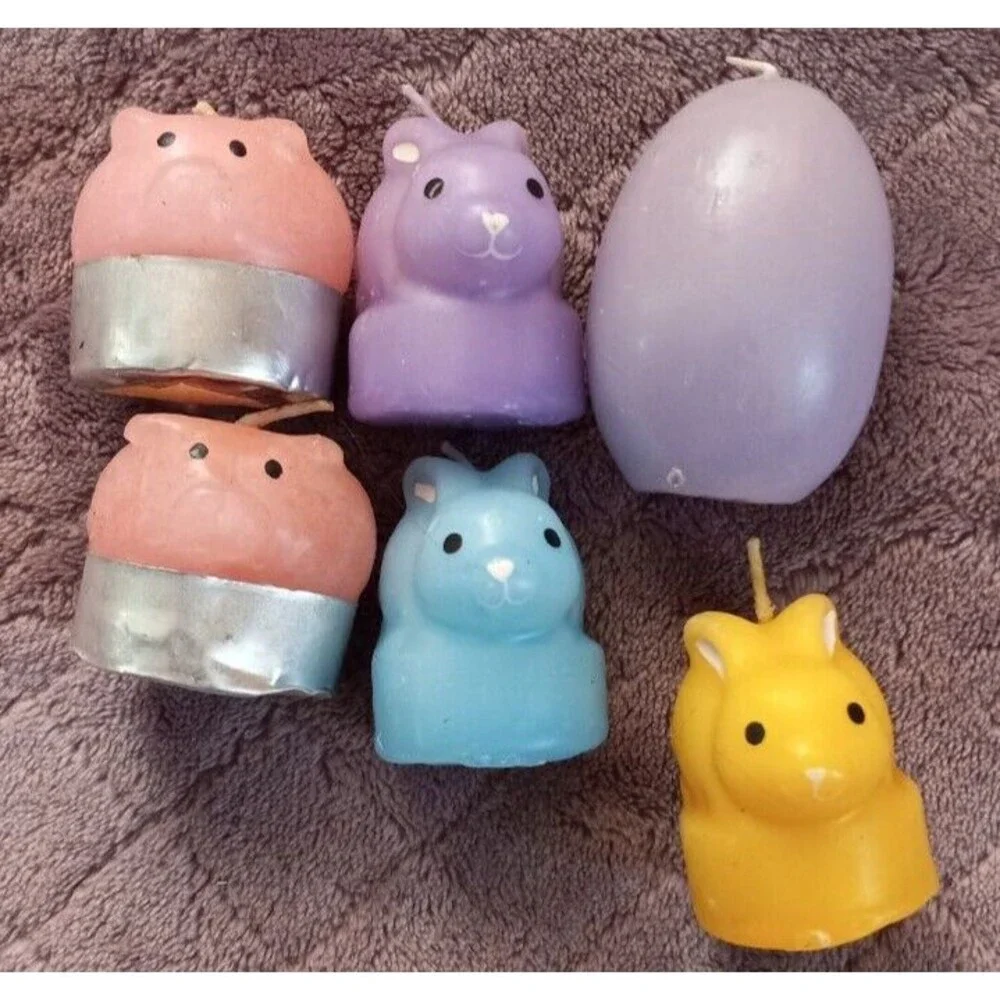 Lot Of 6 Easter Bunny Rabbit Pig Egg Pastel Pink Blue Purple Yellow Candles
